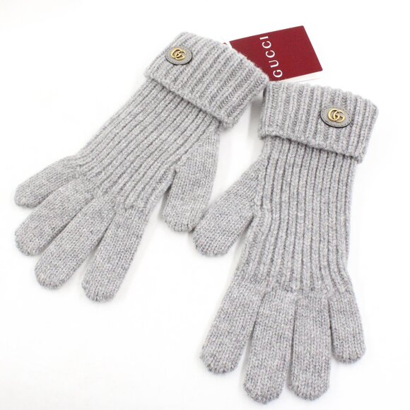 NWT Gucci Wool Cashmere Gloves with Double G Patch in Light Grey/Gold (S) - Picture 1 of 12